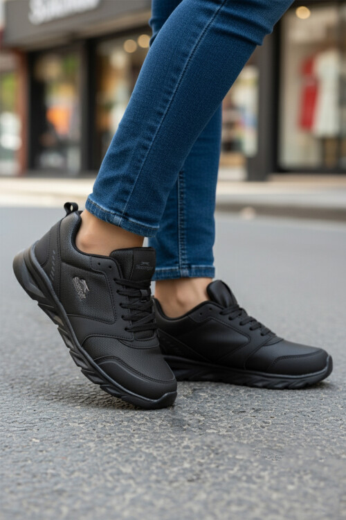 Siyah Hafif Esnek Bağcıklı Cilt Unisex Spor Ayakkabı Epic G