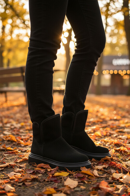 Siyah Süet İçi Kürklü Soğuğa Dirençli Kaymaz Kadın Bot 548038 Z