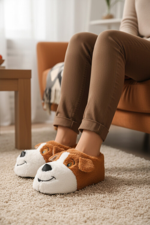 Açık Kahve Köpek Desenli Unisex Panduf 26K001