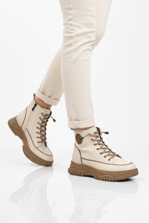 Beige Lace-Up Zippered Womens Boots 24K310-13 Z