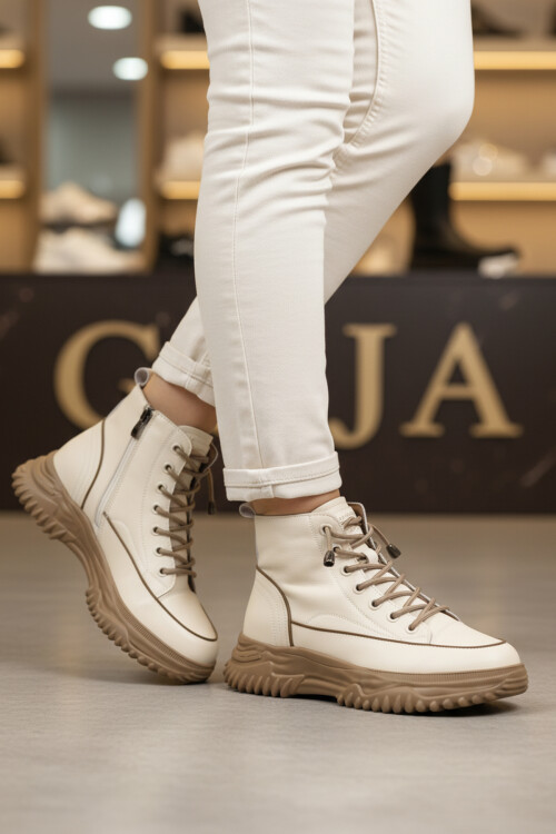 Beige Lace-Up Zippered Womens Boots 24K310-13 Z