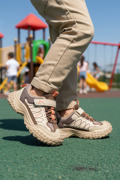 Bej Cırtlı Kaymaz Hafif Esnek Erkek Çocuk Spor Ayakkabı 22676 F