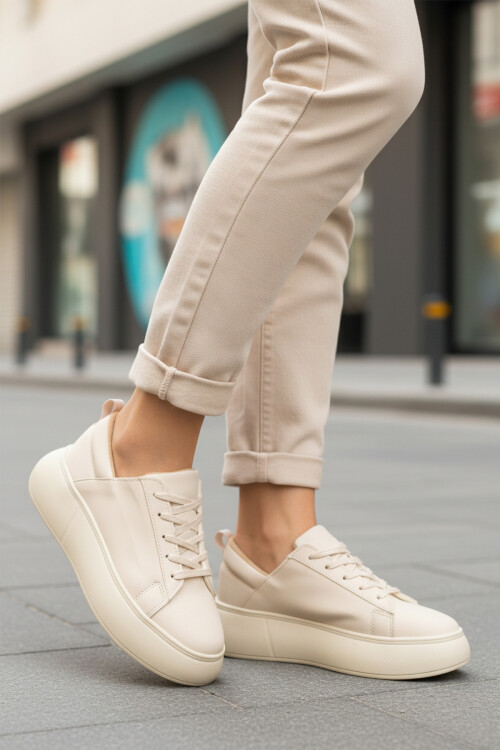 Bej Kalın Taban Bağcıklı Kadın Spor Ayakkabı Termo DV-03 Z