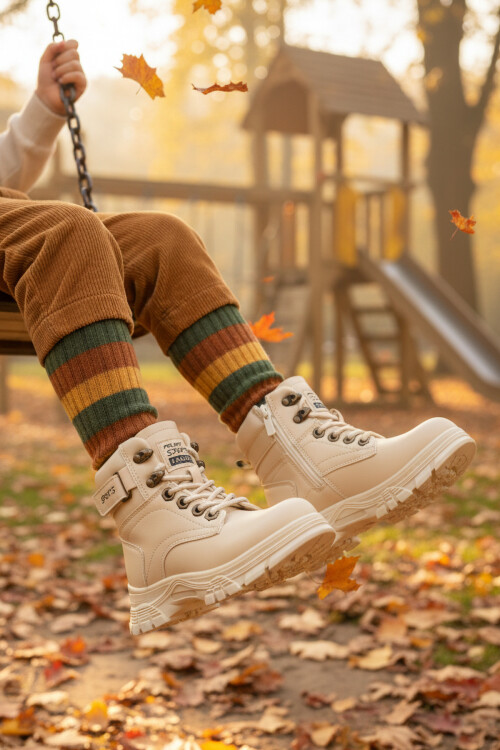 Bej İçi Polarlı Kaymaz Taban Unisex Çocuk Bot 24035 F