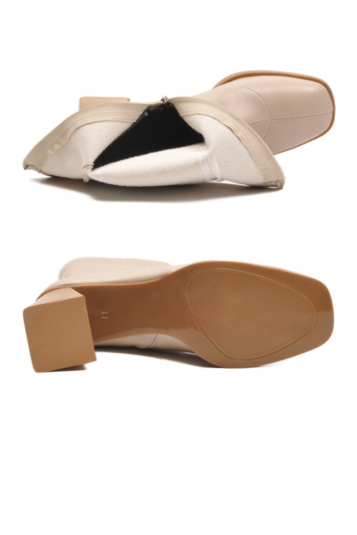 Bej Polarlı Fermuarlı Streç Kadın Topuklu Bot 2615 Z