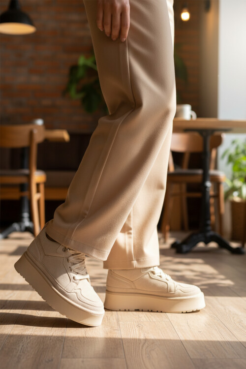 Bej Süet Polarlı Bağcıklı Kaymaz Kadın Bot 2613 Z