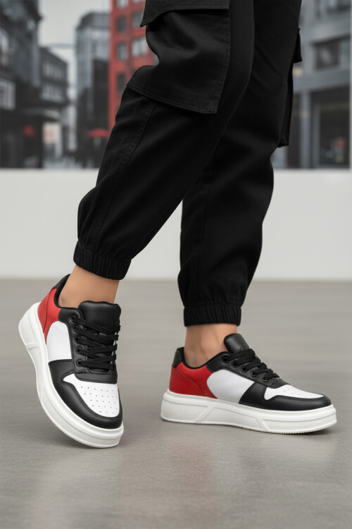 Beyaz Siyah Bağcıklı Cilt Hafif Unisex Sneaker Aper 049 G