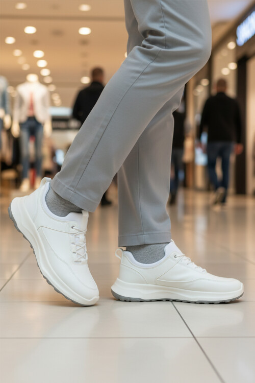 Beyaz Elastik Bağcıklı Hafif Cilt Erkek Casual Ayakkabı 460 M