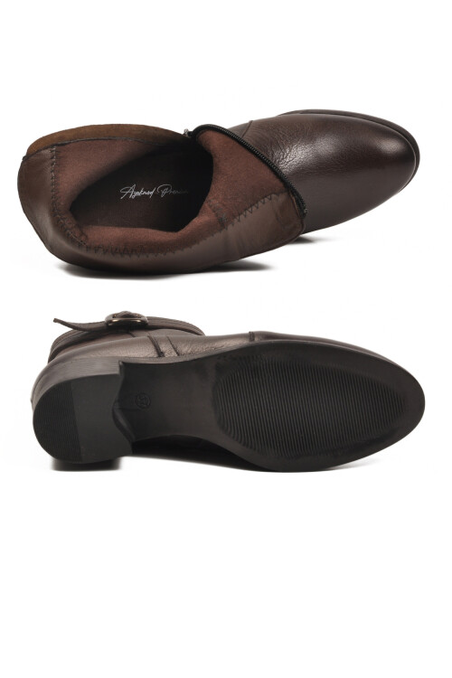 Kahve Hakiki Deri Fermuarlı İçi Polarlı Kadın Bot 24113-1 Z