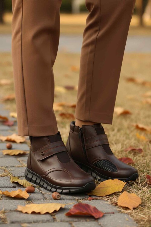 Kahve Hakiki Deri İçi Polarlı Cırtlı Fermuarlı Kaymaz Kadın Bot 3609 Z