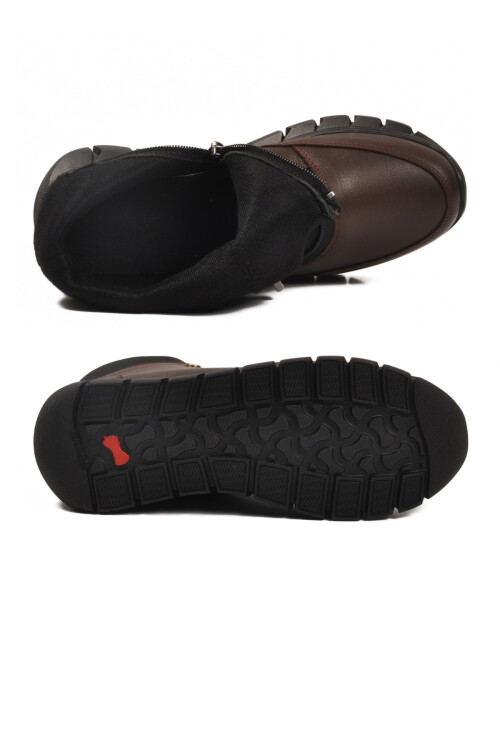 Kahve Hakiki Deri İçi Polarlı Kaymaz Fermuarlı Kadın Bot 3615 Z