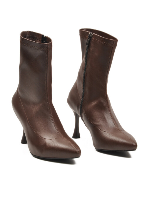 Kahve Kadın Polarlı Fermuarlı İnce Topuklu Bot 2614 Z