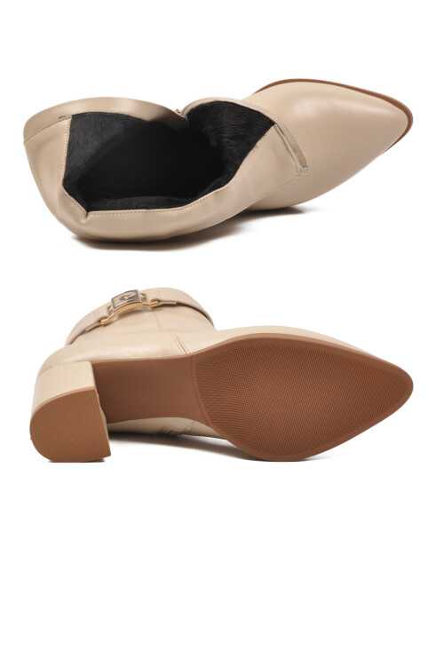 Krem İçi Kürklü Fermuarlı Kadın Topuklu Bot PC-54975 Z