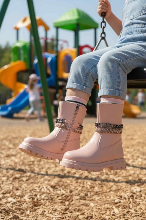 Pudra İçi Polarlı Kaymaz Kız Çocuk Çizme Duru F