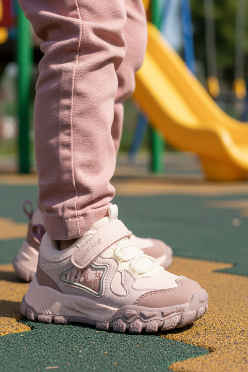 Pudra Cırtlı Hafif Esnek Kaymaz Kız Çocuk Spor Ayakkabı 22678 P