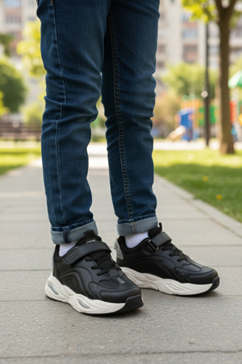 Siyah Beyaz Cırtlı Hafifi Erkek Çocuk Spor Ayakkabı Toti Cilt F