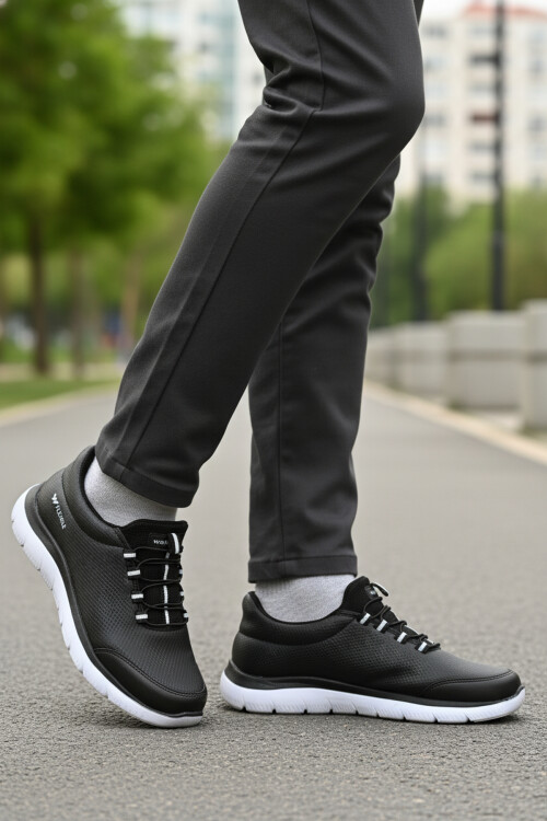 Siyah Beyaz Bilekten Lastikli Erkek Spor Ayakkabı Flexible Pu M