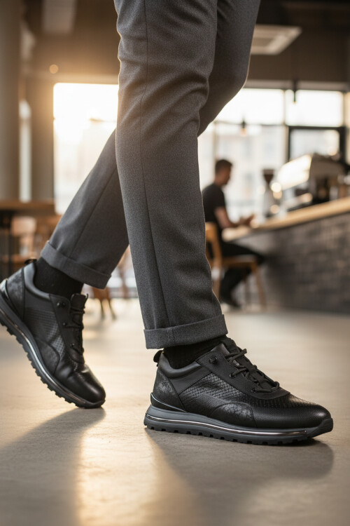 Siyah Hakiki Deri Elastik Bağcıklı Erkek Casual Ayakkabı M533 M