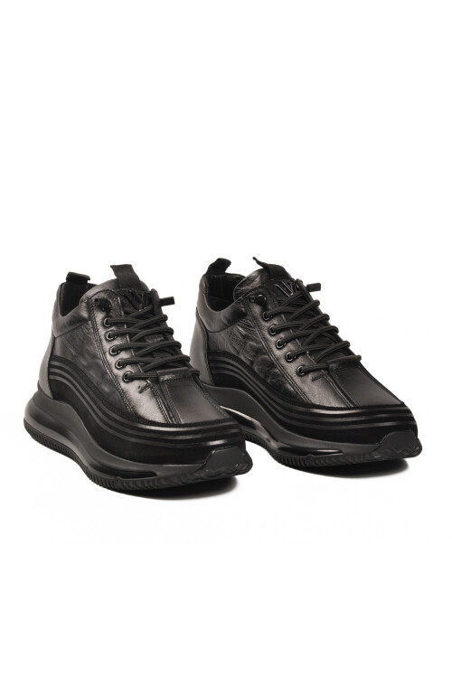 Siyah Hakiki Deri Kaymaz Taban Elastik Bağcıklı Erkek Sneaker E053 M