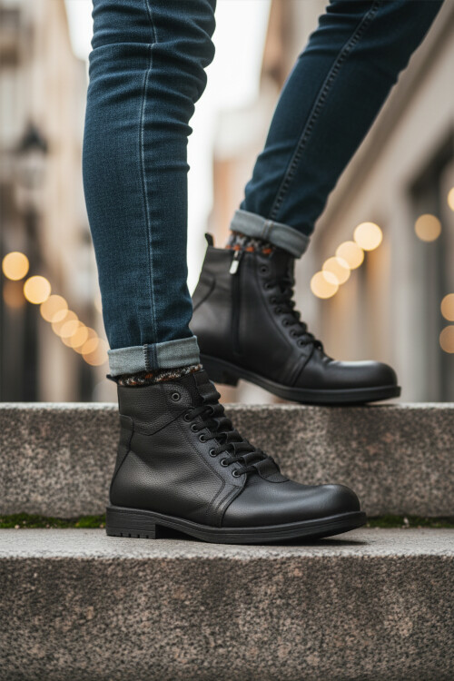 Siyah Hakiki Deri İçi Kürklü Fermuarlı Kaymaz Erkek Bot 705 M