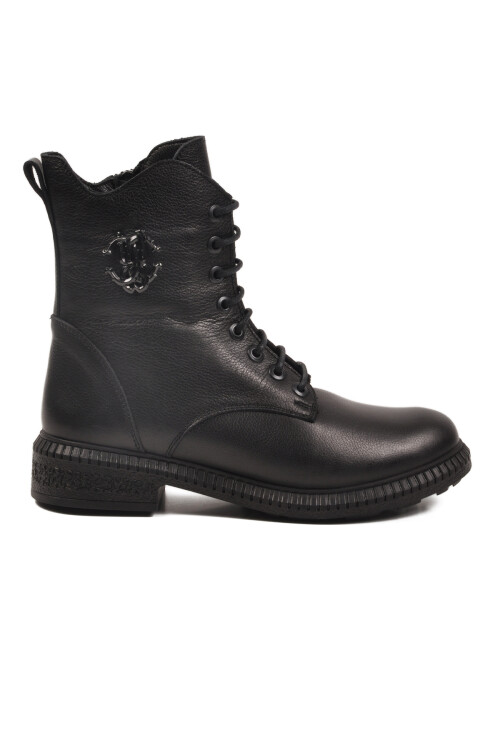 Siyah Hakiki Deri Bağcıklı Kaymaz Polarlı Kadın Bot 20912-1 Z