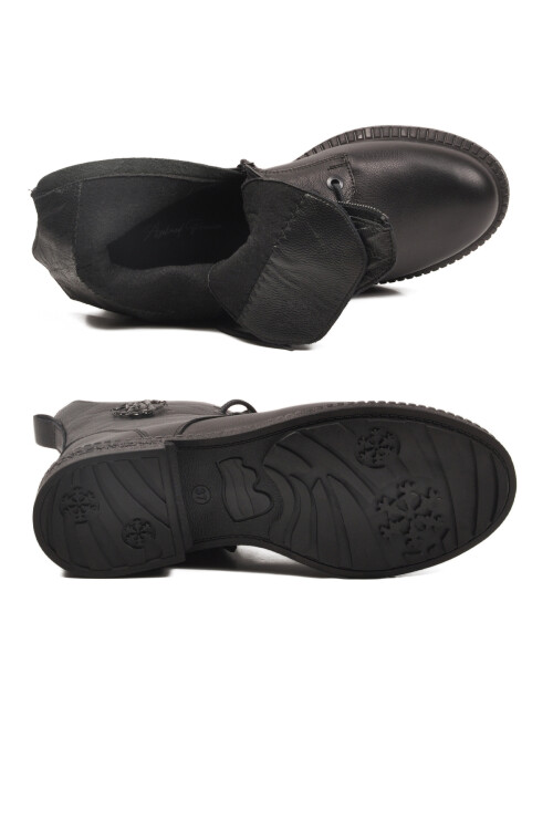 Siyah Hakiki Deri Bağcıklı Kaymaz Polarlı Kadın Bot 20912-1 Z