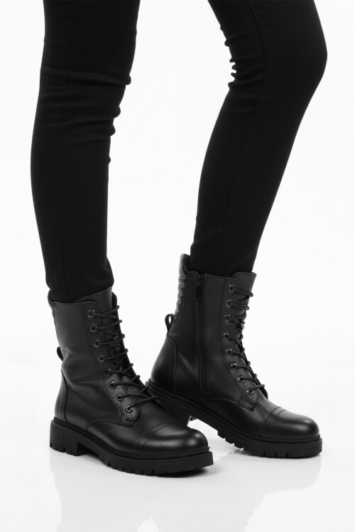 Siyah Hakiki Deri Polarlı Kaymaz Kadın Bot 52682-1 Z