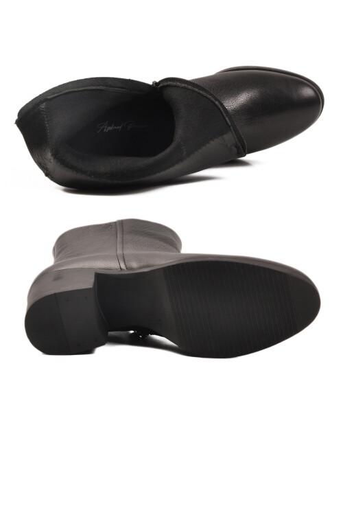 Siyah Hakiki Deri Fermuarlı Polarlı Kadın Bot 92162-1 Z