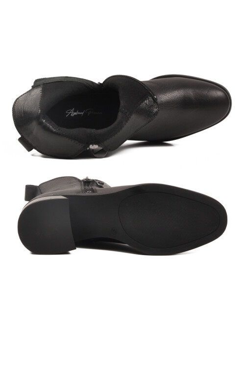 Siyah Hakiki Deri Polarlı Kaymaz Fermuarlı Kadın Topuklu Bot 9780-1 Z