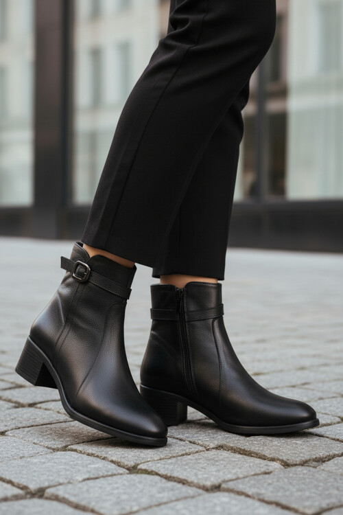 Siyah Hakiki Deri Fermuarlı İçi Polarlı Kadın Bot 24113-1 Z