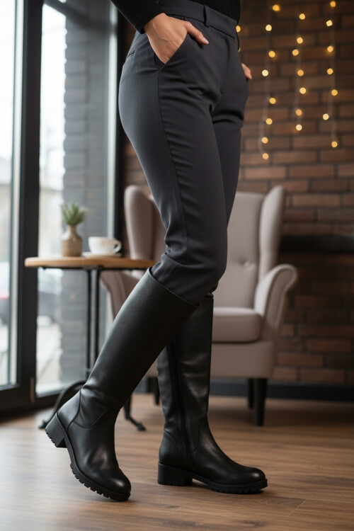 Siyah Hakiki Deri İçi Polarlı Kaymaz Kadın Çizme 26900-1 Z