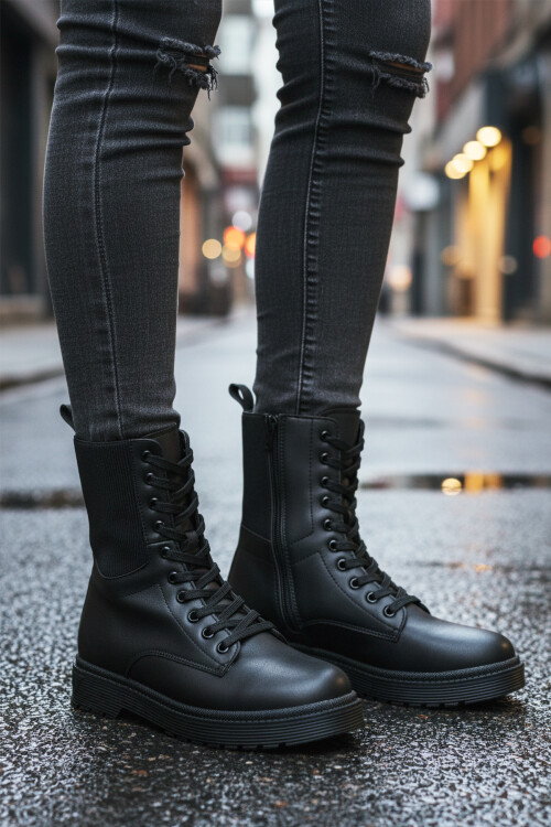 Black Polar Fleece Zippered Long Non-Slip Sole Womens Boots 23002 Z