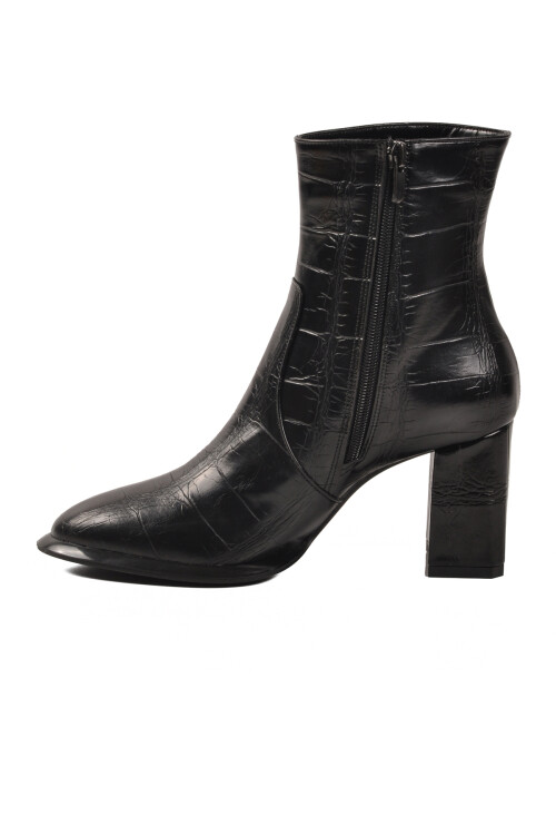 Siyah Kroko Polarlı Fermuarlı Kadın Topuklu Bot 878601 Z
