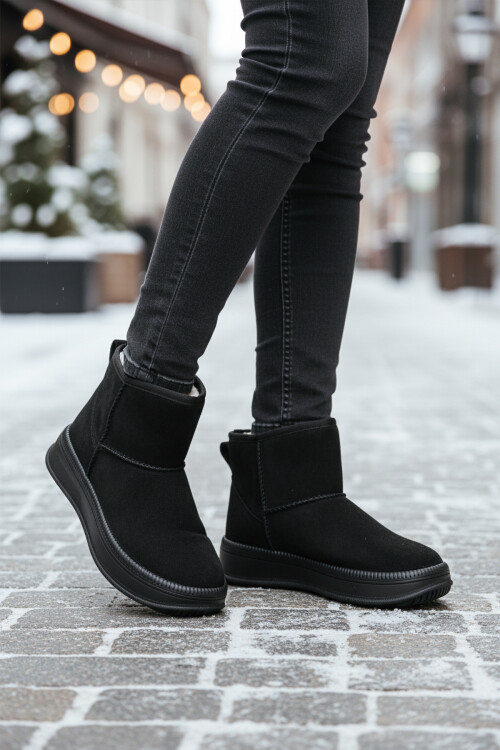 Siyah Nubuk Kürklü Soğuğa Dirençli Kaymaz Kadın Bot 25001 Z