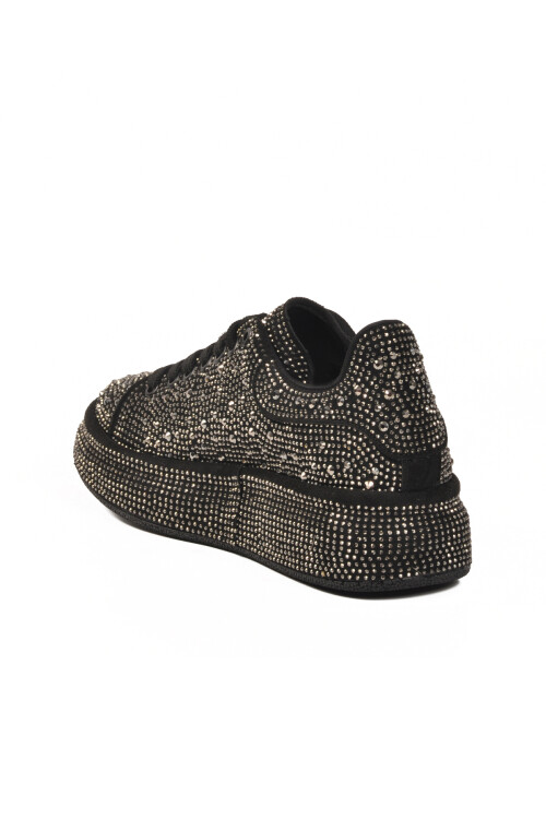 Siyah Platin Taş İşlemeli Bağcıklı Kadın Sneaker 989118-01 Z