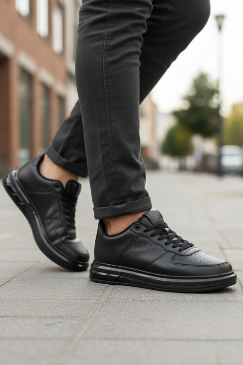 Siyah Bağcıklı Cilt Hafif Esnek Erkek Sneaker 2043 M