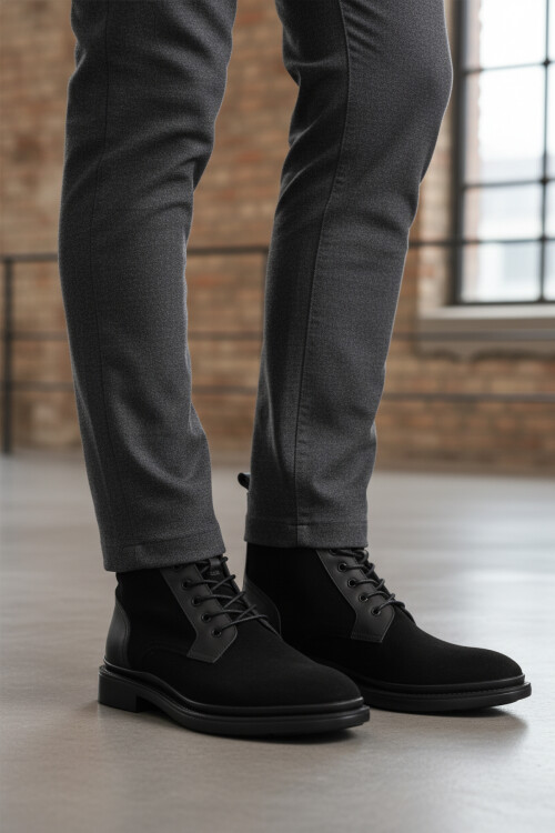 Siyah Süet Hakiki Deri Bağcıklı Erkek Bot Po 2439 M