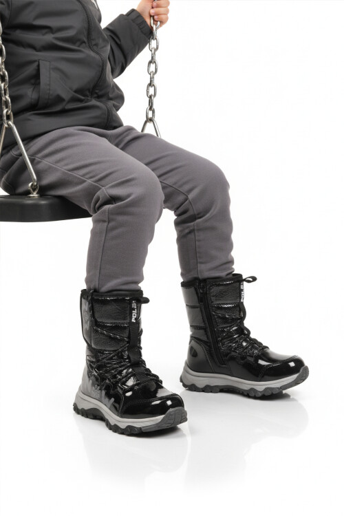 Siyah Kaymaz Taban İçi Polarlı Kız Çocuk Kar Botu 24081 F