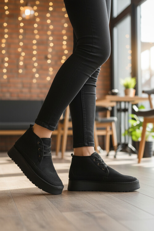 Siyah İçi Kürklü Bağcıklı Kadın Bot U-15 Z