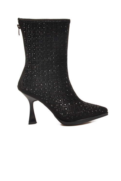 Siyah Taş İşlemeli İnce Topuklu İçi Kürklü Kadın Çizme 671131 Z