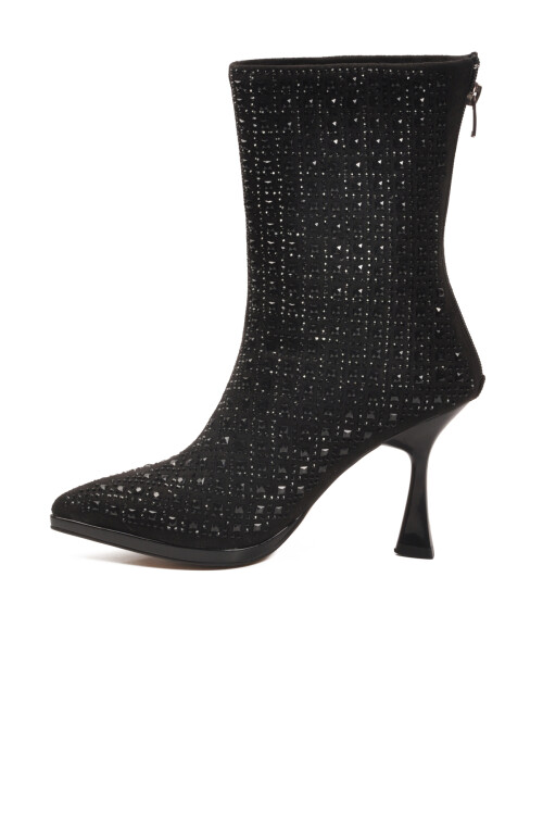 Siyah Taş İşlemeli İnce Topuklu İçi Kürklü Kadın Çizme 671131 Z