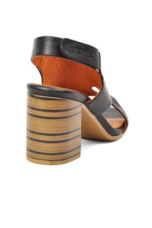 Black Genuine Leather Womens Heeled Sandals 2108502Y Z