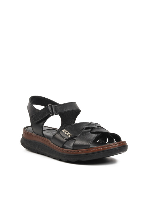 Black Genuine Leather Womens Flat Sandals 22981709 Z