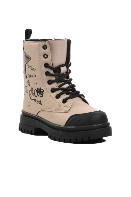 Beige Lace-Up Zippered Girls Boots 1566 P