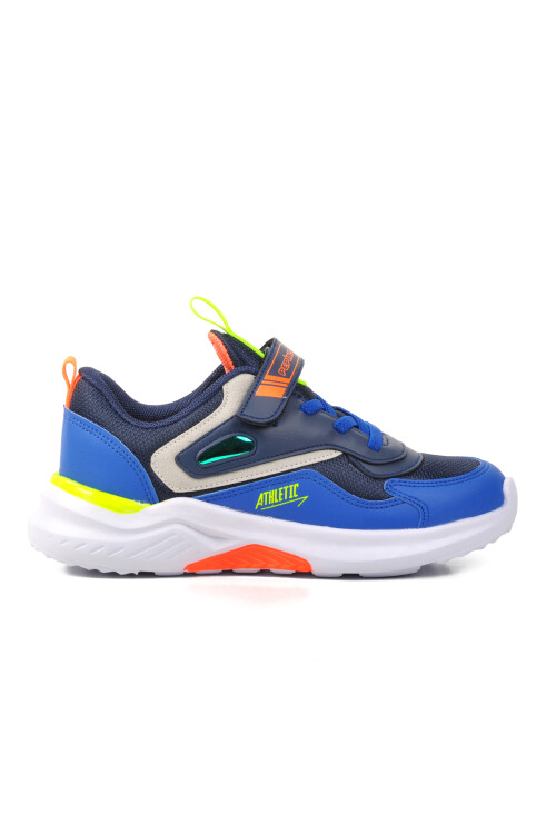 Navy Blue-Sax-Phosphor Orange Textile Childrens Sports Shoes 1543 F