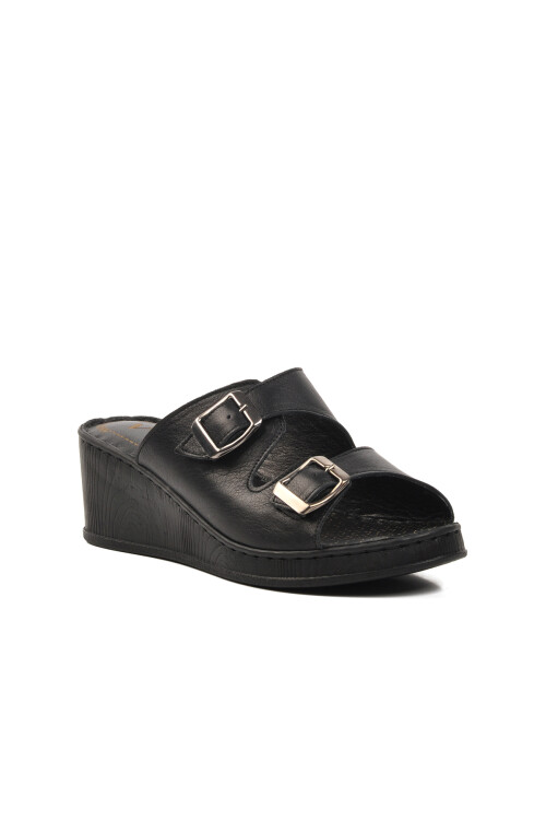 Black Genuine Leather Womens Slippers 9205 Z