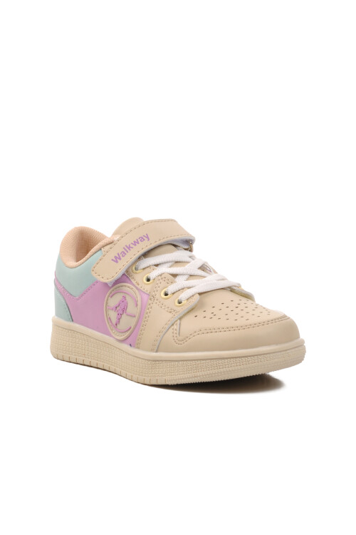 حذاء رياضي للأطفال للجنسين باللون البيج والأرجواني والأخضر بشعار F