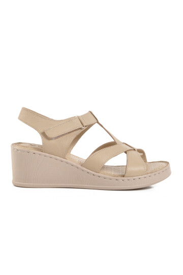 Beige Genuine Leather Womens Wedge Heel Sandals 9200 Z