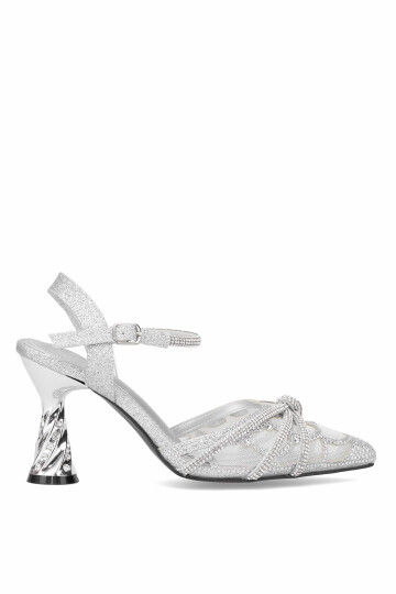 Silver Thin Heeled Stone Embroidered Womens Evening Shoes 25Y125-1 Z