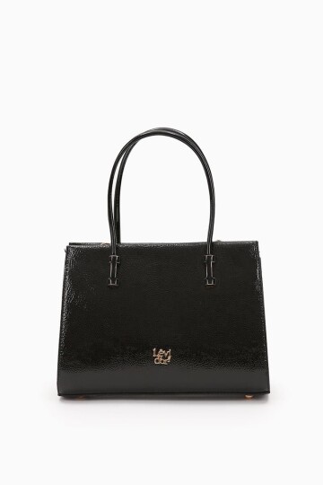 Black Wrinkled Patent Leather Womens Hand and Shoulder Bag 930156